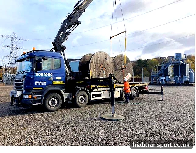 Long reach HIAB cable reel unloading substation UK