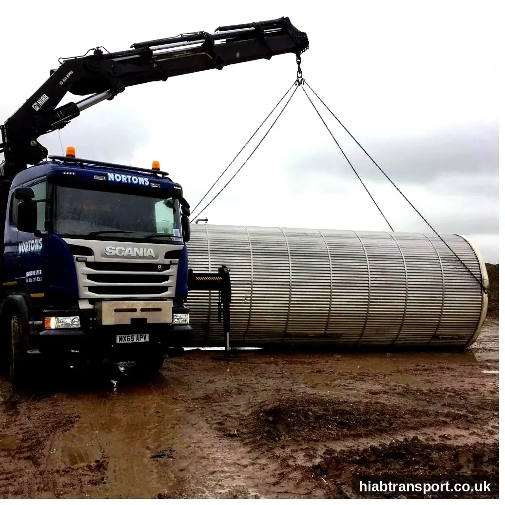 Long reach HIAB hire large silo tank lift UK