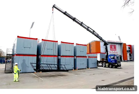 HIAB crane hire Manchester modular cabin placement sports venue