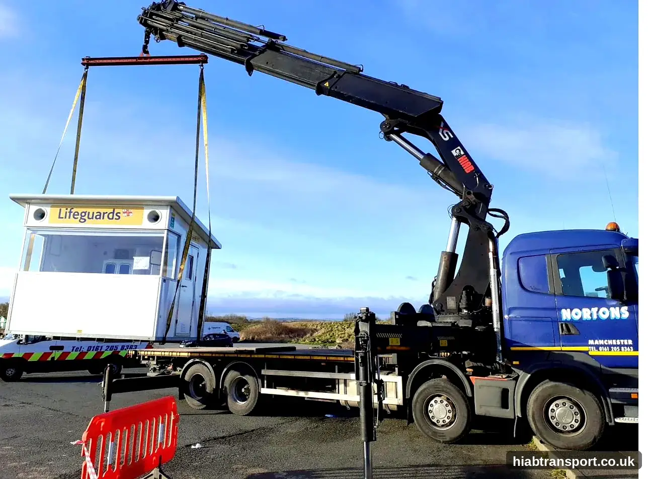 HIAB transport lifeguard cabin coastal placement UK