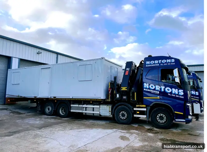 HIAB truck delivering a Portable cabin in Manchester
