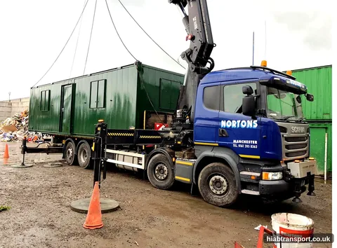 HIAB transport portable cabin waste site Manchester