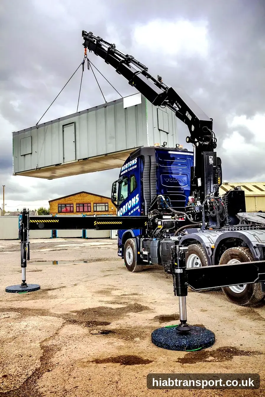 Volvo and Scania crane lorries lifting a cabin on site, UK