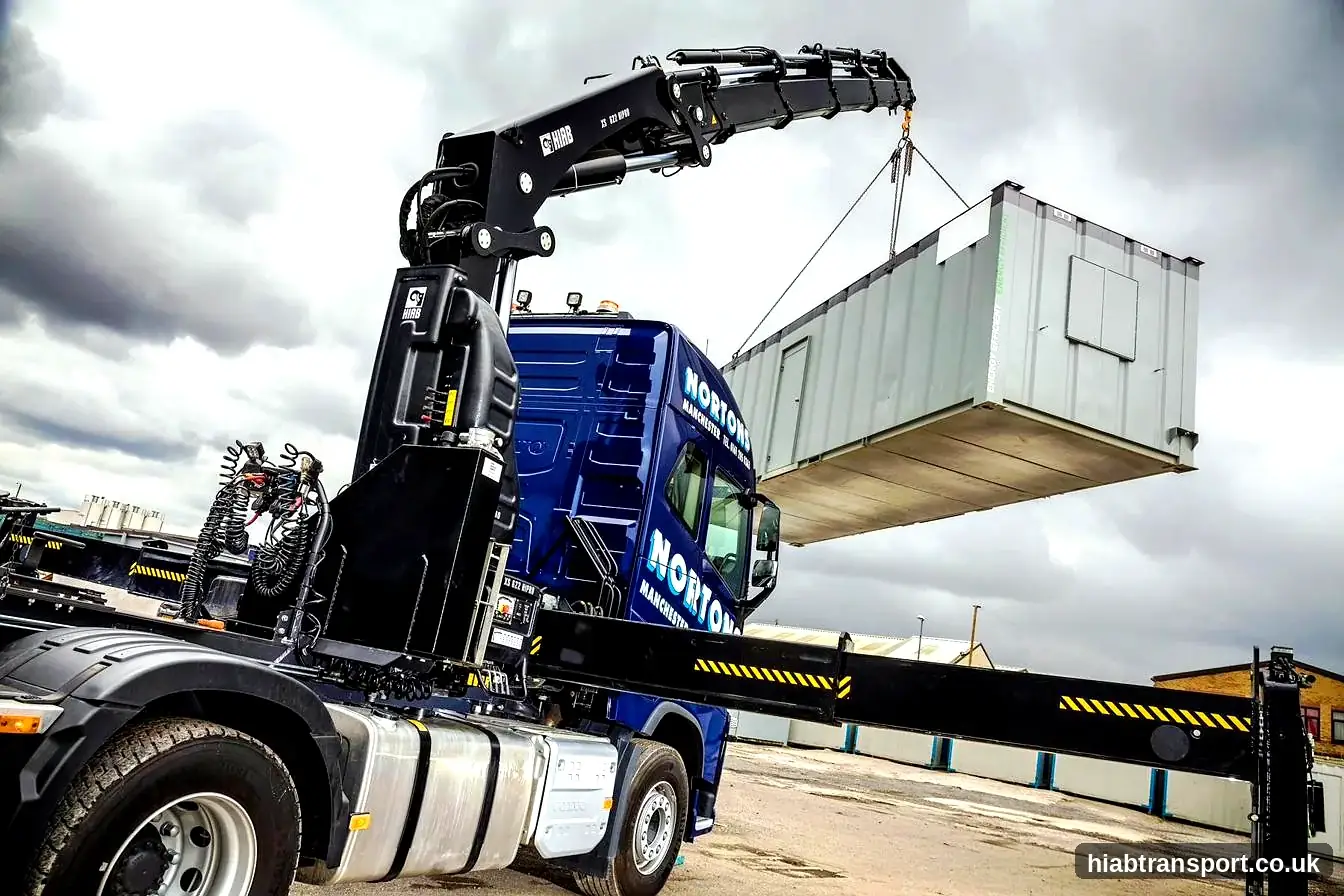 HIAB Transport crane truck lifting a portable building, North West UK