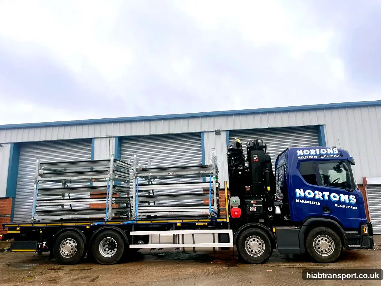 HIAB truck delivering steel frame Manchester construction